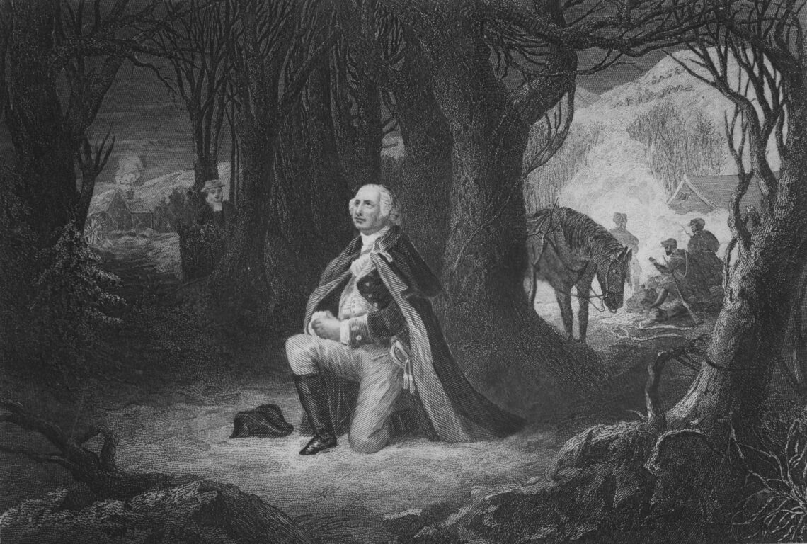Engraving of a painting of George Washington praying at Valley Forge